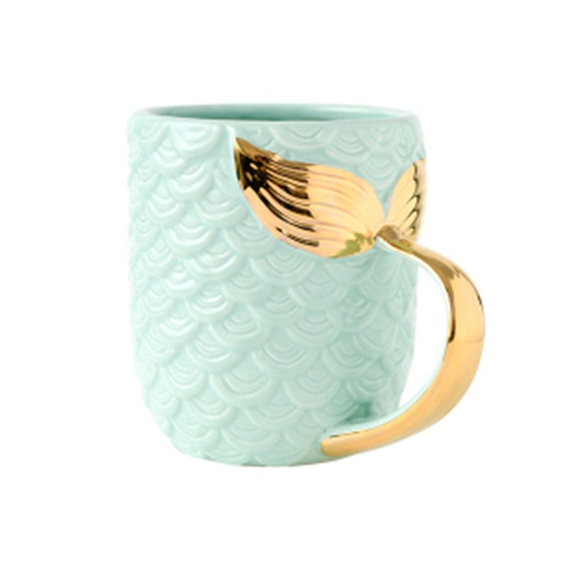 ZaH 15 oz Mermaid Mug Ceramic Coffee Mugs Big Cute Cups Cappuccino Teacup Birthday Bridal Shower Engagement Wedding Gifts Soup Mug for Men Women Kids Girls Boys (Gold Handle Blue Mermaid Tail) - Image 1